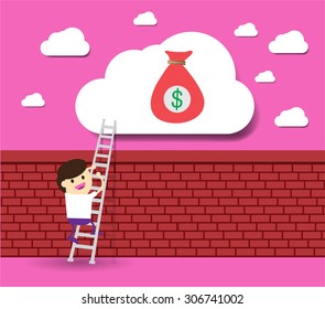 Ladder to success. Step by step infographics illustration. businessman walking up stairs chart. vector. money. dream concept. speech bubble. idea light bulb. money bag