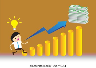 Ladder to success. Step by step infographics illustration. businessman walking up stairs chart. vector. money. dream concept. speech bubble. idea light bulb