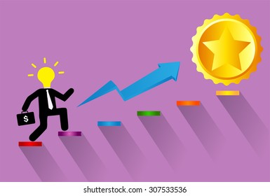 Ladder to success. Step by step infographics illustration. businessman walking up stairs chart. vector. money. dream concept. idea light bulb.