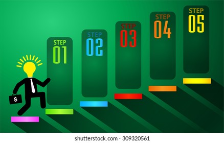 Ladder to success. Step by step infographics illustration. businessman walking up stairs chart. vector. money. dream concept. idea light bulb.