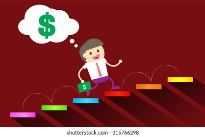 Ladder to success. Step by step infographics illustration. businessman walking up stairs chart. vector. money. dream concept. speech bubble. idea light bulb. Finish line, goal. win. lose, Future