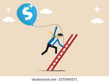 Ladder of success, successful businessman climbing ladder to clouds to catch balloon with dollar bill, financial goal achievement or investor seeking profit and return on investment concept.