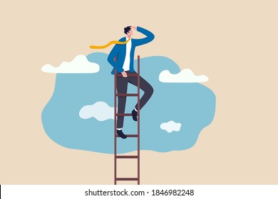 Ladder of success, vision to lead business to achieve goal or opportunity in career concept, smart confident businessman leader climb up to reach top of ladder high in the sky look forward to future.