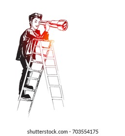Ladder of success, vision to lead business to achieve goal or opportunity in career concept Man watching through telescope top of ladder