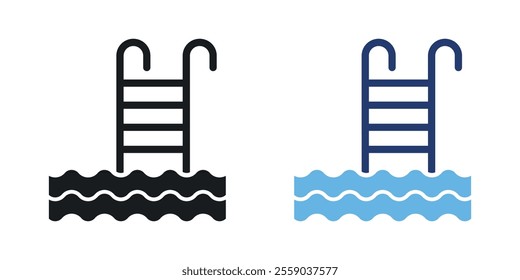 Ladder in swimming pool icons in black and colored version