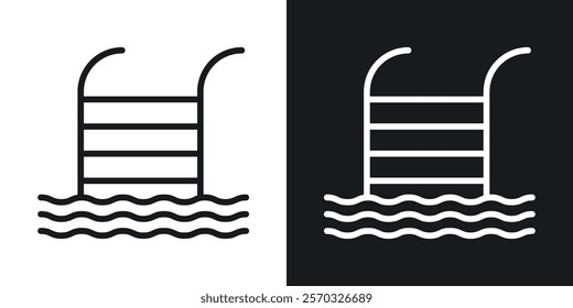 Ladder in swimming pool icons vectors set in black. line and flat versions