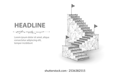 Ladder with three flags isolated. Digital success, succeed path, accomplish mission, digital transformation, career ladder growth, technology solutions, business development, future vision concept.