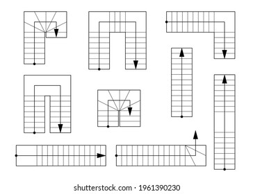 Draufsicht der Leiter. Bauelement für Zeichnungen und Skizzen. Reihe verschiedener Treppen.