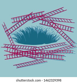 A lot of ladders are around the trap. Isolated on blue background.