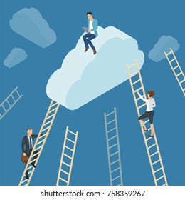 Ladders to the clouds vector template. Vector template for banner, presentation. infographics, brochure cover design. Concept for career, success, competition. People climbing to the top in the sky.