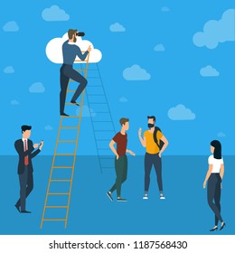 Ladders to clouds vector template. Man climbing  to clouds in the sky. Vector template for banner, presentation. infographics, brochure cover design. Concept for career, success, competition