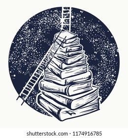 Ladders on stack of books tattoo. Symbol of education, science, knowledge, studying, dreams t-shirt design 