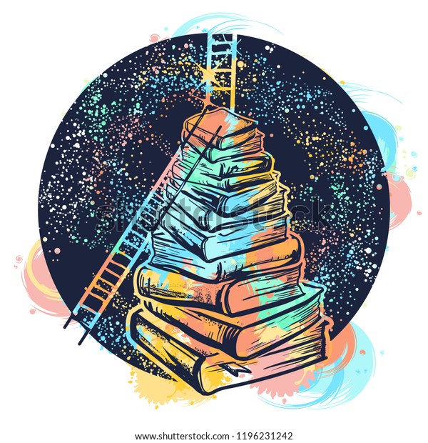 Ladders On Stack Books Tattoo Watercolor Stock Vector Royalty