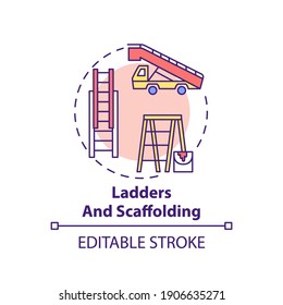 Icono de concepto de pasarelas y andamios. Violaciones de seguridad en el lugar de trabajo más importantes. Sistema para instalar la ilustración de la idea de elementos de construcción en línea delgada. Dibujo de color RGB con contorno aislado del vector. Trazo editable