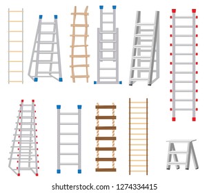 Ladders Set Made from Different Materials: Wood and Metal. Rope Ladder. Vector Illustration.