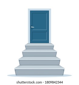 Ladders towards the door. Grey concrete staircase. Stair template front view, and closed door. Vector illustration isolated on white