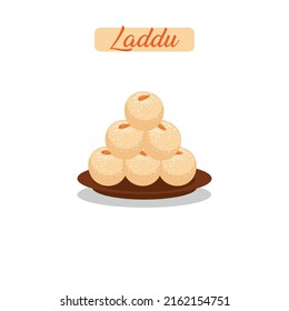 Laddu plate  - sweet Indian traditional dessert food for religious holidays. White laddoo made of dry fruits and granulated wheat sooji    dish from Hindu culture, isolated vector illustration.