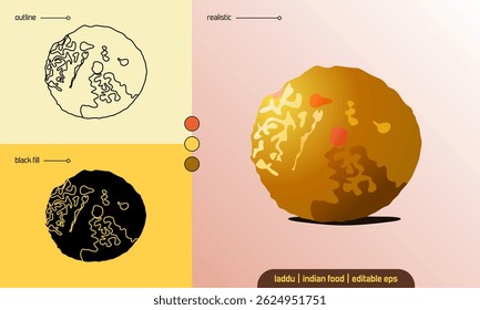Laddu vector illustration in realistic, outline, and black fill style. Traditional Indian sweet dessert perfect for Diwali, celebrations, or food-related design and culinary visuals.