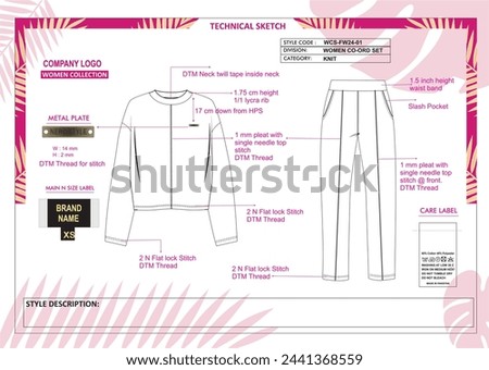Ladies 2 Piece set (co-ord Set). Technical Details. Full sleeve Sweat Shirt and Regular fit Trouser. Interlock Fabric 260 GSM. 
