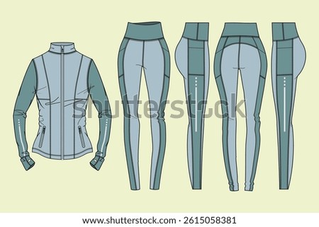 Ladies Active high neck full zip through jacket with leggings tracksuit technical drawing fashion flat sketch vector illustration template front back and side views outline CAD mockup