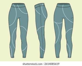 Ladies active leggings technical drawing fashion flat sketch vector illustration template front side and back views outline CAD mockup template