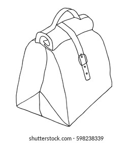 Ladies bag with lock and strap. Hand drawn black and white sketch. Vector illustration