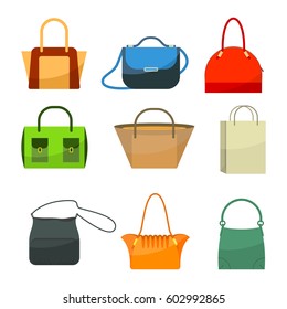 Ladies bags icons flat design isolated on white. Colorful stylish accessories with long and short handles, pockets and buckles, just paper bag. Vector illustration of women's handbags.