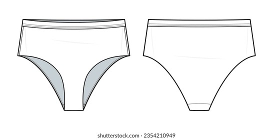 Ilustración de moda técnica de Damas Basic Seamless Panty. Planilla de dibujo técnico plano de la moda de Mid Rise Panty. vista frontal y posterior. demasiado grande. soltar el hombro. unisex. color blanco. Burla de CAD.