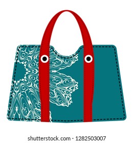 Ladies beach handbag with mandala. Female handbag on color background. Elegant ladies bag. Vector illustration.