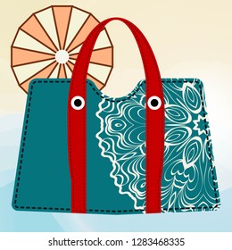 Ladies beach handbag with mandala. Female handbag on color background. Elegant ladies bag. Vector illustration.