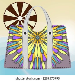 Ladies beach handbag with mandala. Female handbag on color background. Elegant ladies bag. Vector illustration.
