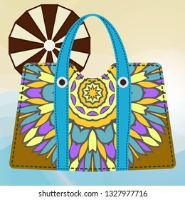 Ladies beach handbag with mandala. Female handbag on color background. Elegant ladies bag. Vector illustration.