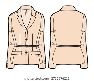 Ladys Gürtel Blazer technische flache Skizze Vektor Mockup-Vorlage.