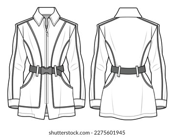 Señoras chaqueta cortada ilustración vectorial con bolsillos, cremallera, collar clásico, manga larga.