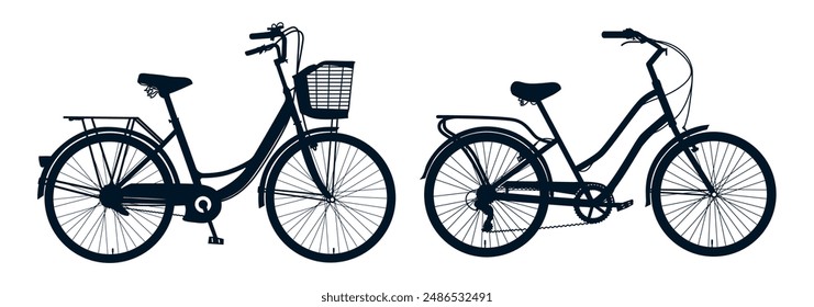 Bicicleta de las señoras, bici de las mujeres lindas con un marco bajo y cesta en frente. Antiguas Ilustración de bicicleta 