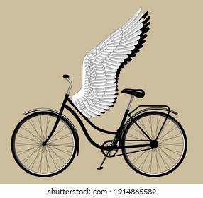 Ladies bike with wings. Drawing in vintage engraving style. Vector illustration