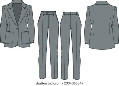 Damas Blazer y formal Pant frontal y retrospectiva plano dibujo técnico plantilla de ilustración vectorial