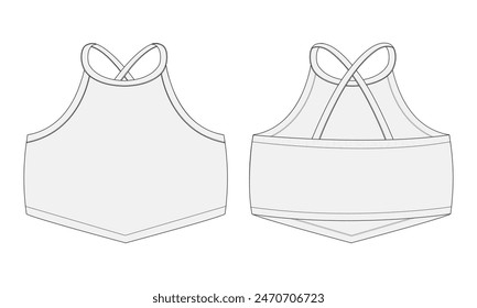 Ladies blouse bra tops technical drawing fashion flat sketch vector illustration template front and back views