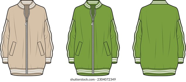 Damas BOMBER Jacket boceto plano frontal y posterior dibujo técnico dibujo ilustración de vector plantilla