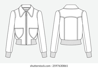 Ladies bomber jacket vector mockup template technical flat design.