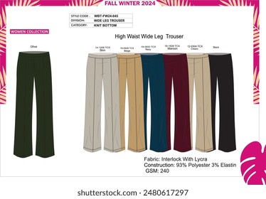 Ladies boot cut trouser, color options with pantone numbers. 