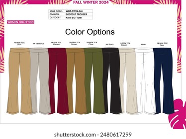 Ladies boot cut trouser, color options with pantone numbers. 