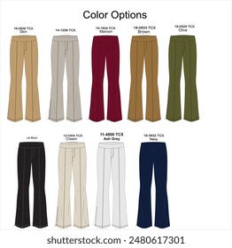 Ladies boot cut trouser, color options with pantone numbers. 