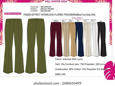 Ladies boot cut trouser with side slit at bottom hem. pintuck pleat at front.