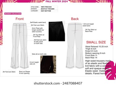 Ladies boot cut trouser. side slit at bottom opening, pintuck pleat at front.