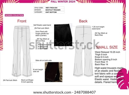 Ladies boot cut trouser. side slit at bottom opening, pintuck pleat at front.