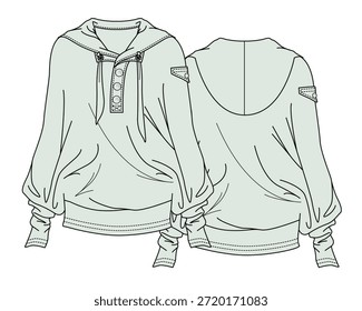 Señoras Botón arriba sudadera con capucha Vector diseño maqueta Plantilla boceto plano técnico.
