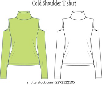 Ladies' cold shoulder long sleeve t-shirt template green color