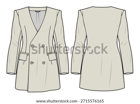 Ladies collarless blazer technical flat design vector mockup template.