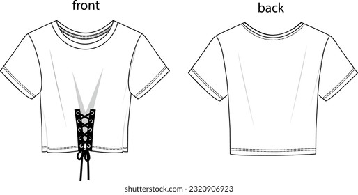 Señoras corset encaje arriba, detalles de las pestañas, cuello de la tripulación, moda Dibujo plano diseño de plantilla técnica de dibujo vector